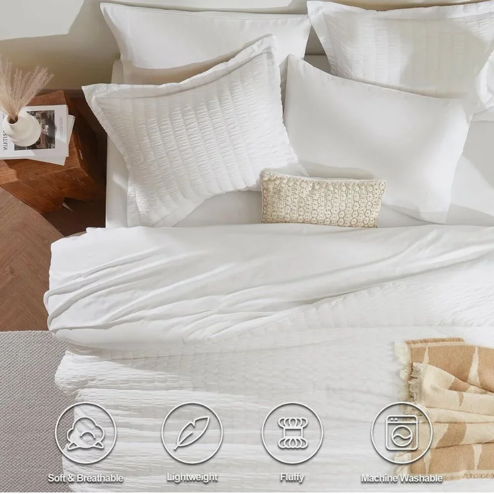 Twin XL Seersucker Comforter Set with Sheets White 5 Pieces